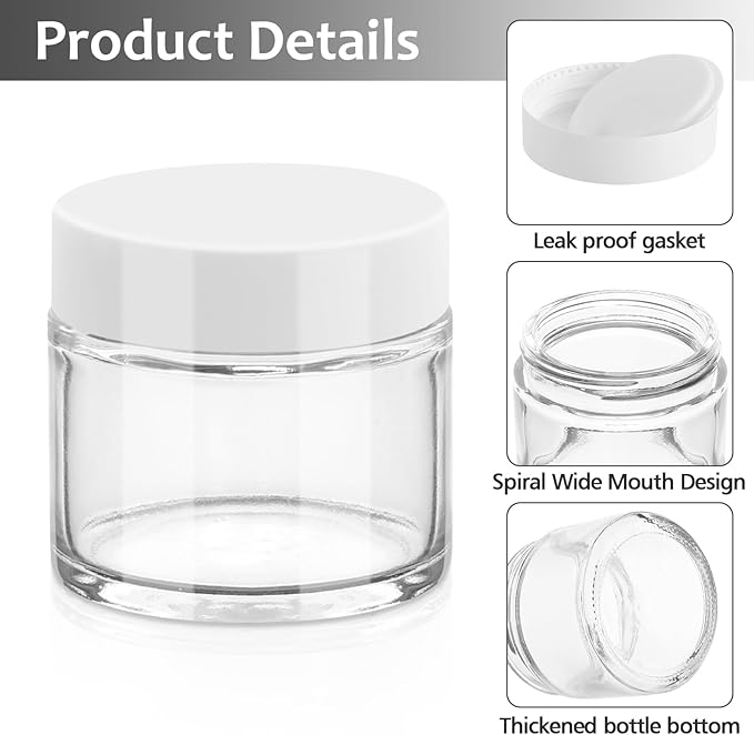 Accmor 2 OZ Glass Jars with White Lids, 4 Pack Round Glass Cosmetic Jars Sample Container with Inner Liners & Spatulas, Leak Proof Travel Toiletries Containers for Creams, Makeup, Lotion, Spice