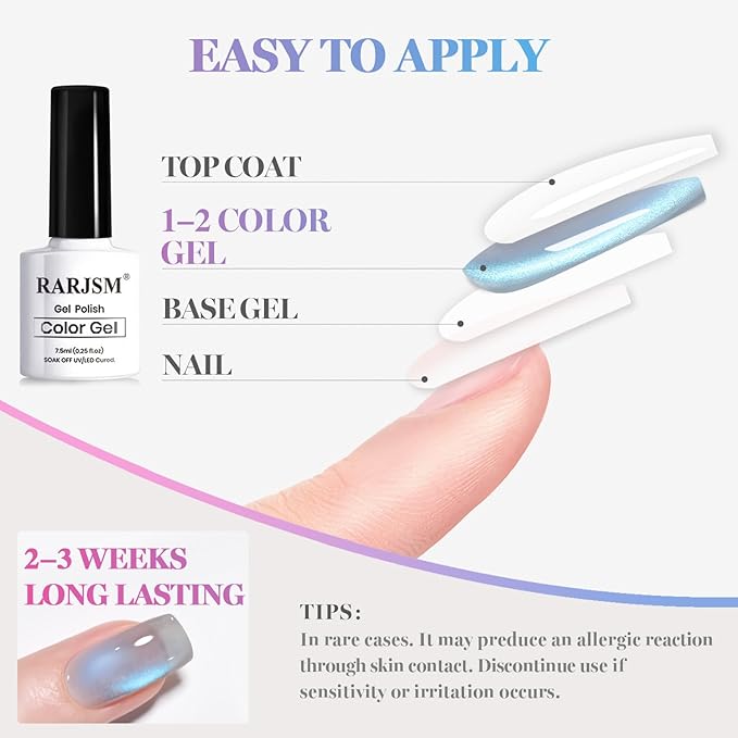 RARJSM Pastel Aurora Ceramics Glitter Cat Eye Gel Nail Polish Set 6Pcs Champagne Gold Green Mint Icy Blue Violet Pink Smoothie Glassy Cateye Gel Polish with Magnetic Stick Curing Require Home Salon