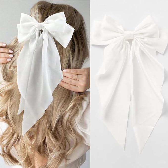 Silky Satin Oversized Long-tail Bow Clip, Large Pure white Hair Bow for Women Girl, Hair Accessories with Long Tail, 1Pcs（Pure white）