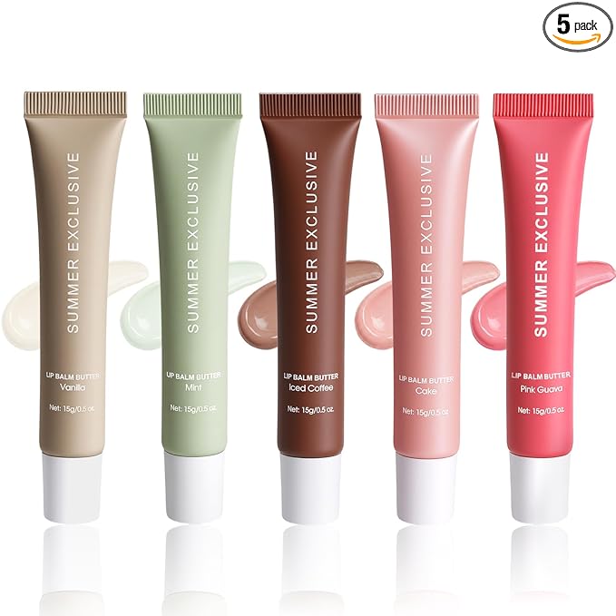5 Pcs Summer Tinted Lip Balm Butter - Natural Shea Butter & Olive Oil, Lightweight Hydrating & Non-Sticky, Soothes & Softens Dry Chapped Lips, Lip Gloss Gift Set for Girls, 0.5 Fl Oz