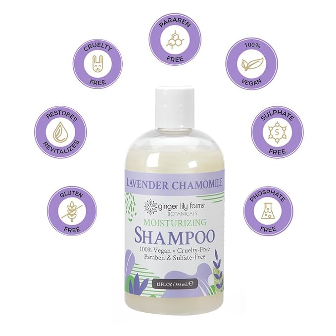 Ginger Lily Farms Botanicals Moisturizing Shampoo for All Hair Types, 100% Vegan & Cruelty-Free, Lavender Chamomile Scent, 12 Fl Oz