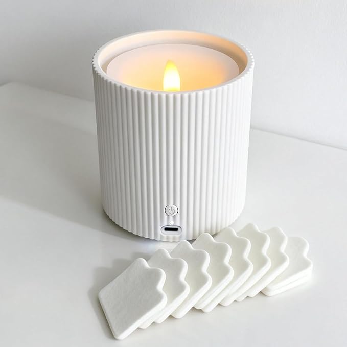2 in 1 Waterless Essential Oil Diffuser and 3D Wick and Realistic Flame Candle,Flameless Candle Diffuser,USB Power Supply LED Candle Waterless Diffuser 12PCS Cotton Pads(No Rechargeable Battery)﻿