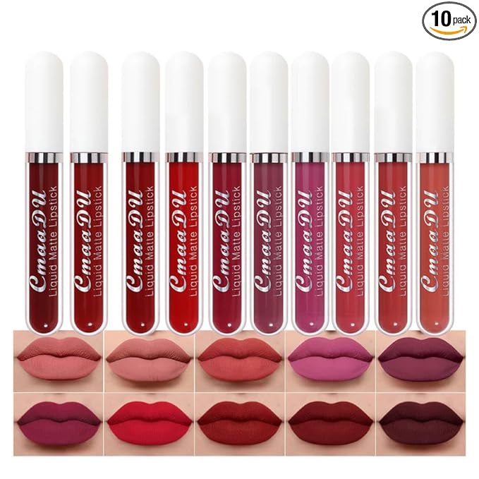 evpct 10Pcs Liquid Matte Matt Lipstick Set for Black Women, Dark Deep Bright Ruby Sexy Brick Mauve Plum Red Violet Purple Matte Lipstick Long Lasting Lipstick 24 hour Waterproof Lip Gloss
