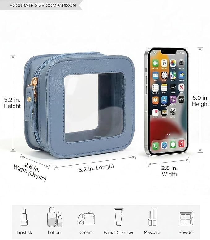 LETGO Clear Makeup Bag Small, Mini Travel Toiletry Bag Cosmetic Bags Organizer, TSA Approved Makeup Case Pouch with Zipper, Car Essentials for Women Men (Square, Blue)