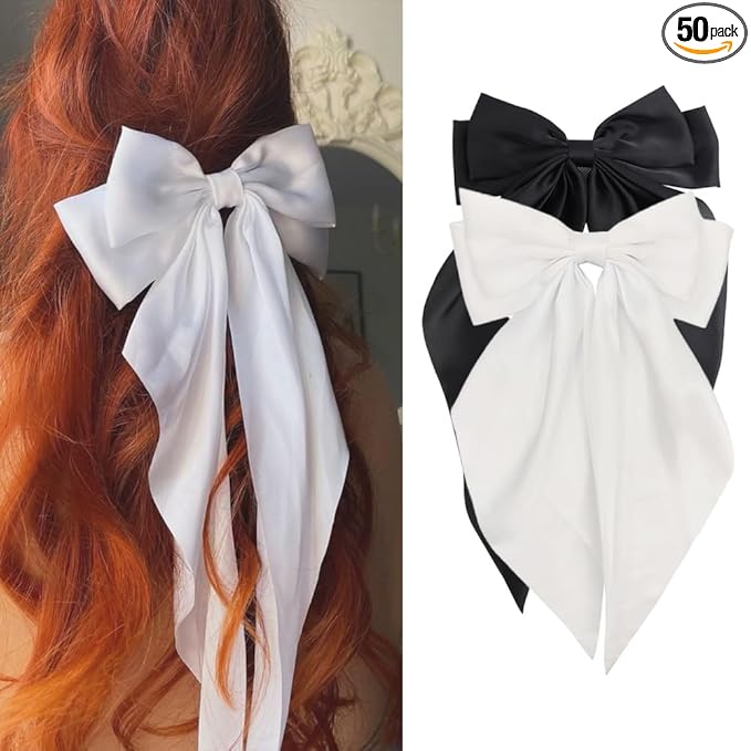 2Pcs Hair Bows For Women, Silky Ribbons Hair Women's Oversized Bow Metal Spring Clips Temperament Beautiful Hair Accessories Gift （Black, White, ）