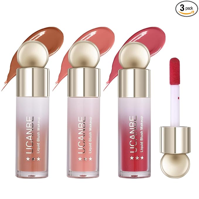 UCANBE 3PCS Liquid Blush Set – Dewy Cream Blush Makeup for Cheeks – Lightweight Long Lasting Blendable Buildable Formula for Natural Flush（Berry Smooch, Bronze Rose, Peach Pink）