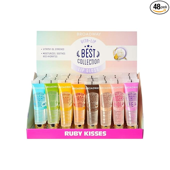 Ruby Kisses Broadway Vita-Lip Clear Lip Gloss (48 Pack), Ultra-Hydrating & Soothing Formula with Vitamins, High-Shine Non-Sticky Finish Lip Balm with Mint, Rosehip, Coconut, Mango, Argan, Honey, Shea