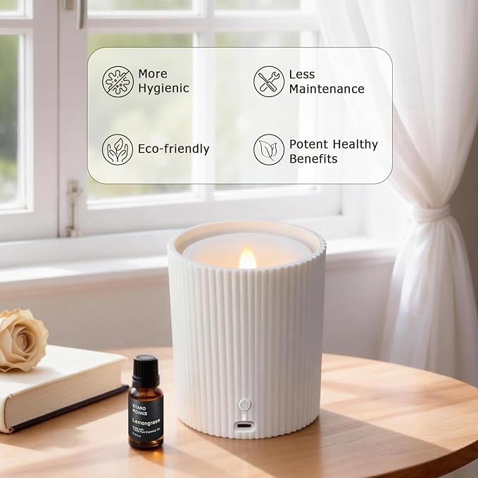 2 in 1 Waterless Essential Oil Diffuser and 3D Wick and Realistic Flame Candle,Flameless Candle Diffuser,USB Power Supply LED Candle Waterless Diffuser 12PCS Cotton Pads(No Rechargeable Battery)﻿