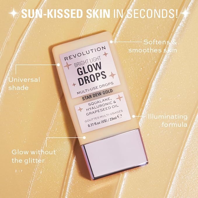 Revolution Beauty London, Bright Light Glow Highlighter Drops, Liquid Highlighter for Face, Infused with Hyaluronic Acid, Vegan & Cruelty-Free, Star Dew, 0.77 fl oz