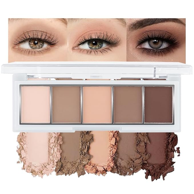 5 Color Matte Eyeshadow Palette, Neutral Nude Brown Eye Shadow, Soft Blendable Natural Eye Makeup, Long Lasting Smooth Powder for Everyday Makeup, Soft Glam Look, Sombra de Ojos 1