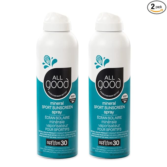 All Good Sport Sunscreen Spray - UVA/UVB Broad Spectrum SPF 30 - Water Resistant, Coral Reef Friendly - Zinc, Calendula, Aloe (6 oz)(2-Pack)