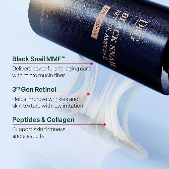 Dr. G Black Snail Retinol Ampoule - Korean Skincare with Snail Mucin - Advanced Retinol Face Ampoule for Glowing Skin - Anti Aging - Pore Minimizer for Fine Lines & Even Skin Tone Support - 1.69 fl oz
