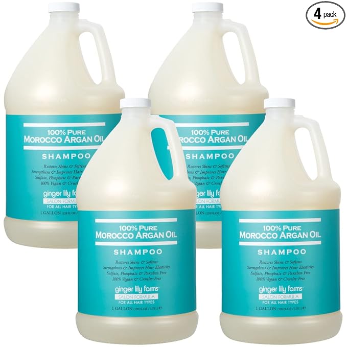 Ginger Lily Farms Salon Formula 100% Pure Morocco Argan Oil Shampoo for All Hair Types, 100% Vegan & Cruelty-Free, 1 Gallon Refill (Pack of 4)