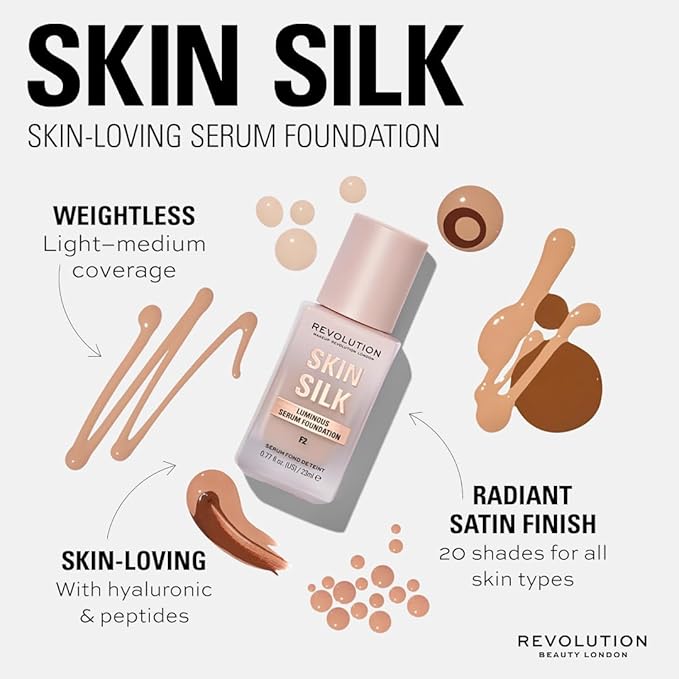 Revolution Skin Silk Radiant Satin Serum Foundation, Buildable Coverage with Hydrating Hyaluronic Acid for a Natural Finish, Vegan & Cruelty-Free, F1N Fair Skin Tones, 0.77 fl oz