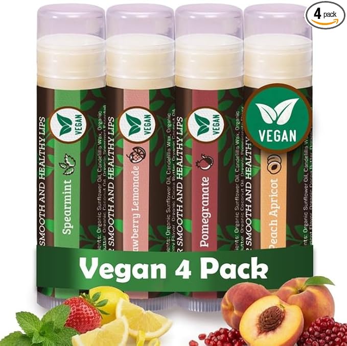 Earth's Daughter Vegan Lip Balm 4-pack, Beeswax Free Lip Balm, Natural, Organic Flavors - Assorted Flavors, Plant Based Vegan Chapstick, Moisturizer