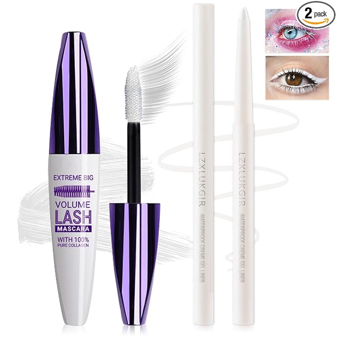 White Mascara and Eyeliner Set,5D Colored Volume and Length Waterproof,White Mascara for Eyelashes,Natural Lengthening Curling,Suitable for Women