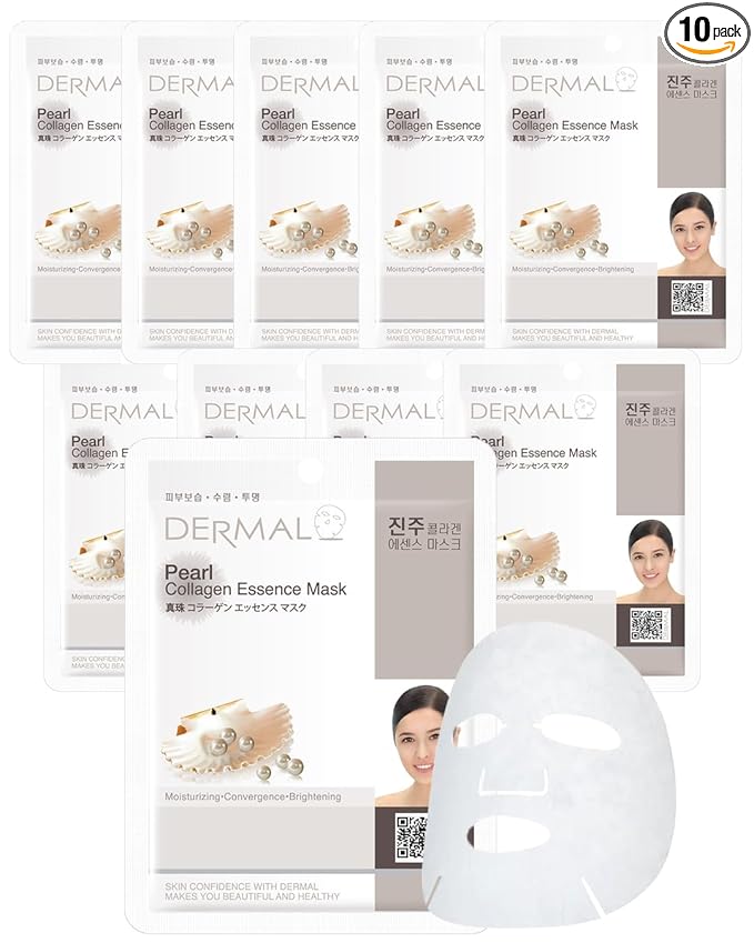 DERMAL Pearl Collagen Essence Facial Mask Sheet 23g Pack of 10 - Clarify Skin, Skin Smooth, Daily Skin Treatment Solution Sheet Mask