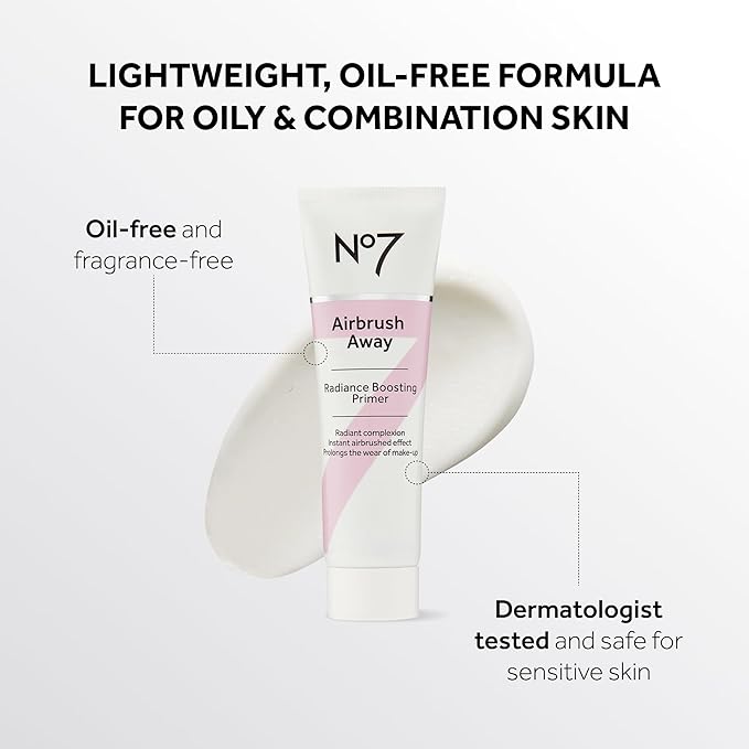 No7 Airbrush Away Radiance Boosting Foundation Primer - Illuminating Glow Primer for Seamless Makeup Application - Leaves Skin Dewy, Smooth & Radiant - Extends Makeup Wear (30ml)
