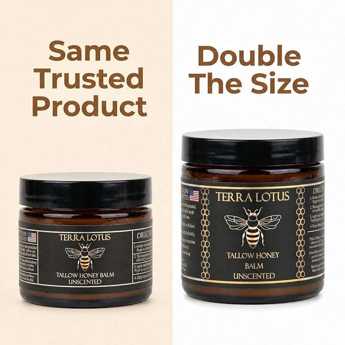 Terra Lotus - Organic Grass-Fed Beef Tallow Balm with Raw Honey - Moisturizing Cream for Soft, Smooth Skin - Handmade All-Natural Moisturizer (4 Oz, Unscented)