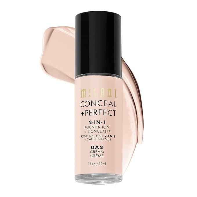 Milani Conceal + Perfect 2-in-1 Foundation + Concealer for a Flawless Complexion, Under Eye Corrector, Cover Redness and Imperfections, Waterproof and Sweatproof - 0A2-Cream
