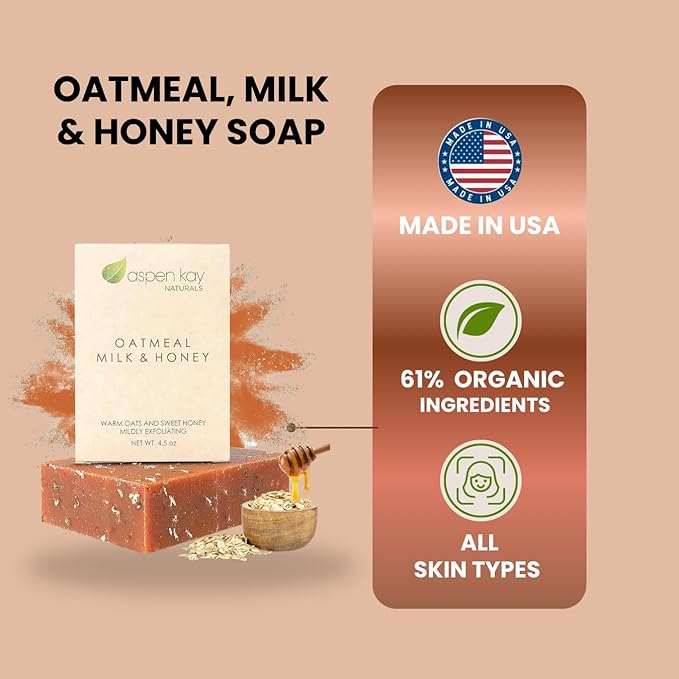 Aspen Kay Naturals Goats Milk, Honey & Oatmeal Soap Bar – with Organic Raw Honey, Goats Milk, Rolled Oats & Shea Butter - Exfoliating Soap – For All Skin Types - Handmade in Florida. (6 pack)