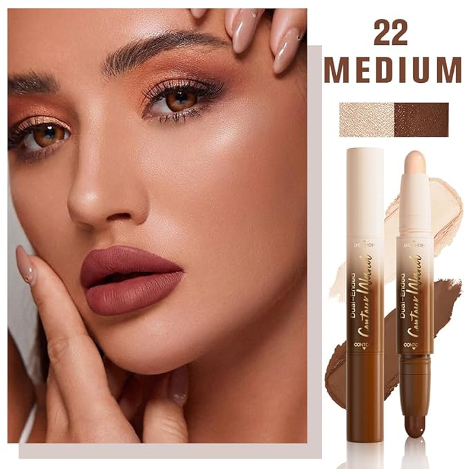 FeiCuiYun Dual-Ended 2-in-1 Cream Contour & Highlighter Stick Makeup For Face & Body – Waterproof, Long-Lasting, Suitable for All Skin Tones, 02#Nude + Light Beige