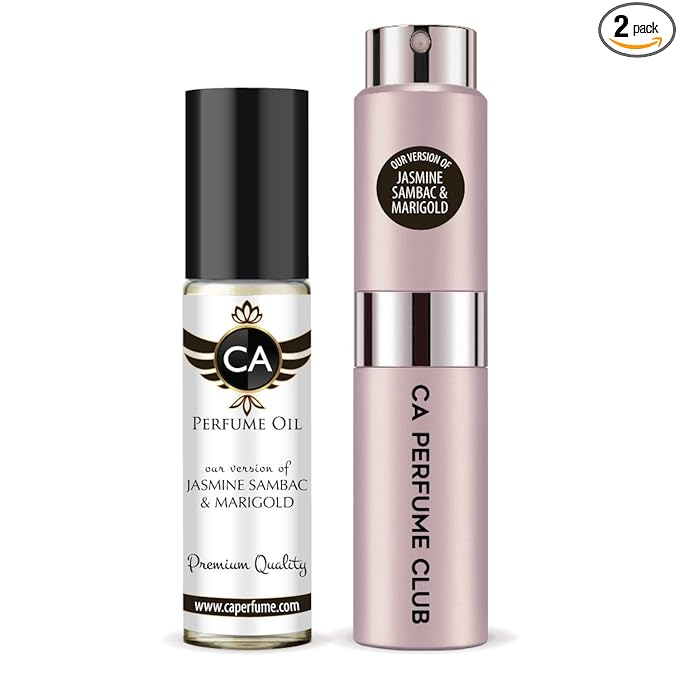 CA Perfume Duo Impression of Jasmine Sambac & Marigold For Women Perfume Layering Set Long Lasting Travel Size EDP + Body Oil Roll-On Bottle 0.27 Fl Oz+0.33 Fl Oz