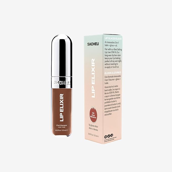 Sacheu Lip Elixir Nourishing and Hydrating Lipgloss — Moisturizing Plumping Lip Gloss Enriched with Collagen, Non-Sticky Lip Color Smooth High-Shine Finish, Vegan & Cruelty-Free, Chai Macaron