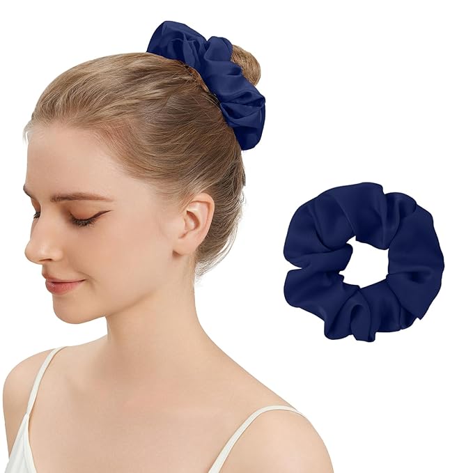 Silk Hair Scrunchies for Women, 100% Mulberry Silk Hair Ties, No Damage for Curly Hair, Large Scrunchie for Sleep, 1-Pack, Dark Navy Blue, L