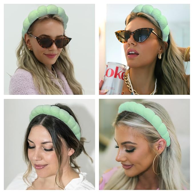 AOENJIE Spa Headbands for Washing Face or Makeup, Sponge Bubble Skincare Headbands, Puffy Terry Cloth Hairband for Women, Skin Care Makeup Headwear Hair Accessories for Girls (Green)