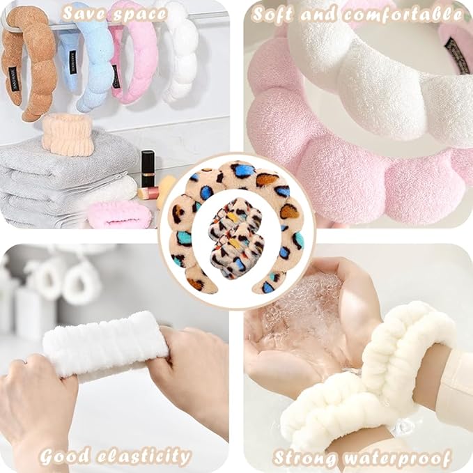 Tetizo Spa Headbands for Washing Face Wristband Set Sponge Makeup Skincare Headband Wrist Towels Bubble Soft Terry Towel Cloth Hairband for Women Puffy Headwear Non Slip Thick Thin Hair Headwear