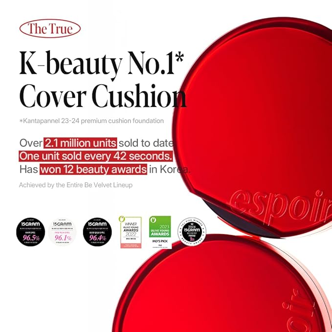 Espoir Be Velvet Cushion Foundation #34.5 Golden Olive | Quick and Easy Coverage with Long-lasting Color by Zero Oxidation, Velvety Smooth Finish & Lightweight Formula, Vegan, Korean Makeup, 0.46 oz