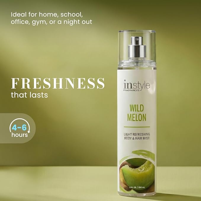 Instyle Fragrances Light Refreshing Body & Hair Mist, Wild Melon, Premium Women’s Body Spray, Infused with Panthenol, CLEAN, Vegan, Paraben-Free, Phthalate-Free, 8 Fluid Ounces