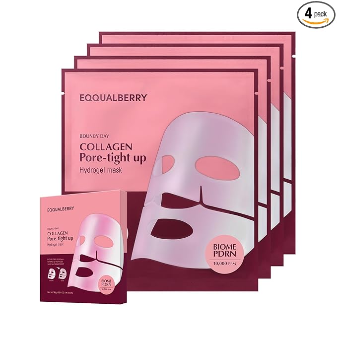 EQQUALBERRY Collagen Pore-Tight Up Mask - PDRN & Low Molecular Collagen for Pore Minimizing and Firming | Korean Collagen Face Mask for Glass Skin, 4 Sheets, 1.01 OZ.