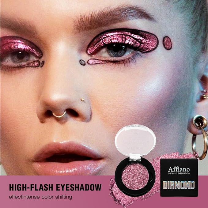 Afflano Single Pink Glitter Eyeshadow Palette, Sparkle Champagne Pink Rose Glitter Eyes Look, Highly Pigmented, Long Lasting Diamond Metallic Eye Shadow Pallet for Girl Women Concerts Day Night Makeup