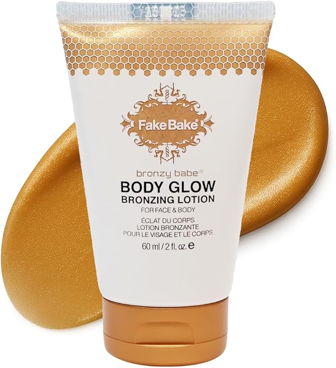 Fake Bake Bronzy Babe Body Glow Face & Body Tinted Moisturizer Lotion, Highlighter, Makeup & Moisturizing Skincare Healthy Color Boost from Plants & Vitamins - For All Skin Tones, Women & Men - 2oz