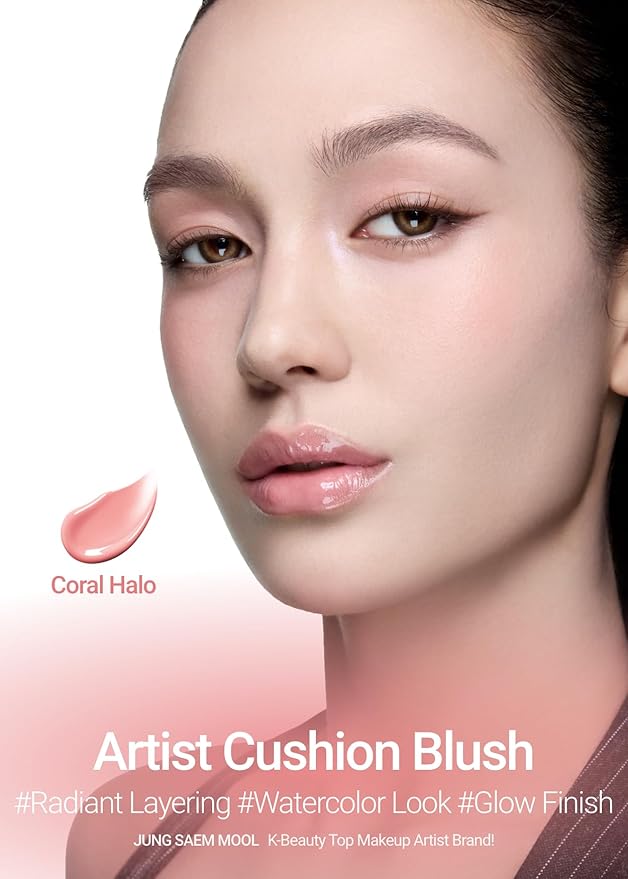 JUNG SAEM MOOL Artist Cushion Blush | Easy to Blend with Puff, Buildable Liquid Blush for Cheeks with a Natural & Dewy Finish, Korean Makeup (Dewy | Coral Halo)