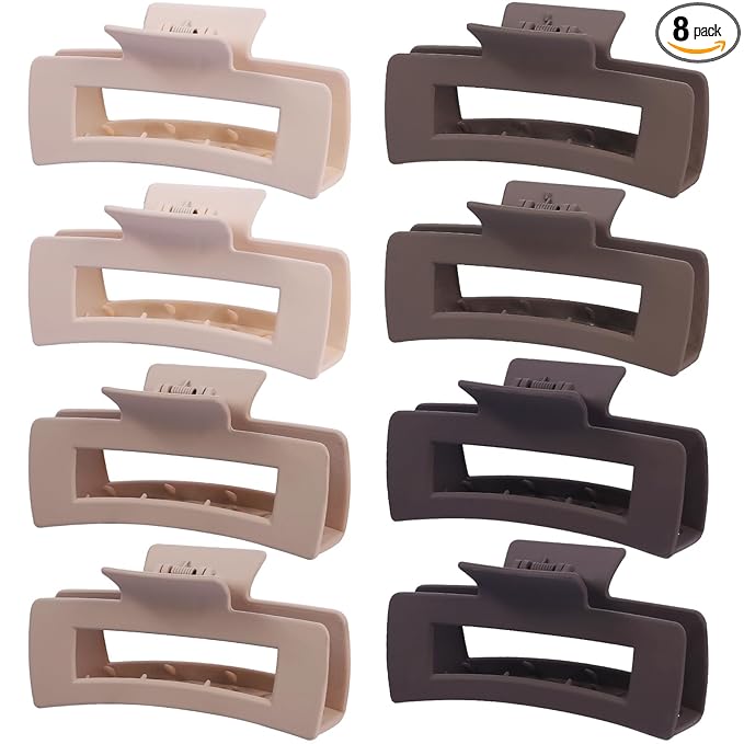 8 Pcs Large Hair Claw Clips 4.1 Inch Non-slip Big Square Matte Hair Claws for Women, Strong Hold Banana Clip for Thick Thin Hair(White/Brown)