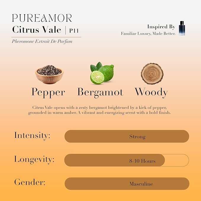 PUREAMOR Pheromone Perfume for Women, Citrus Vale Extrait de Parfum - Long Lasting Bright Citrus Scent, 30% High Concentration, Full Size Fragrance Spray, 1.0 oz / 30 ml