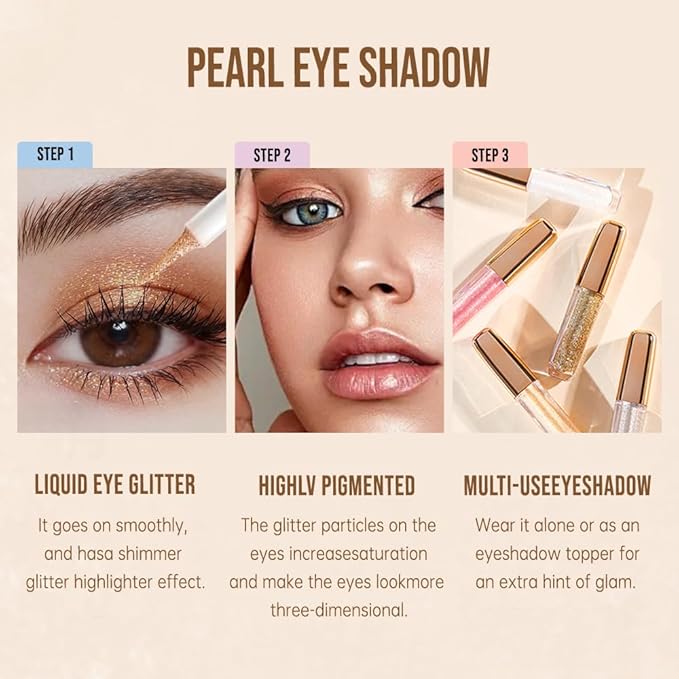 Liquid Glitter Eyeshadow Set, Korean Shimmer Eye Makeup, Waterproof Powder Formula, Quick-Drying, Long Lasting, 0.17 Oz (01#, 1PCS)