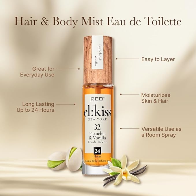 EL:KISS Hair Perfume & Body Mist, Pistachio & Vanilla Inspired by SDJ 62, Eau de Toilette 30mL (1.01 Fl Oz), Hydrating & Long-Lasting, Alcohol & Mineral Oil-Free, Jojoba/Argan Oil & Aloe Vera