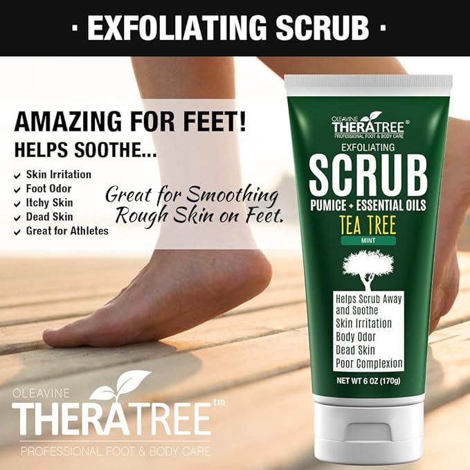 TheraTree Tea Tree Oil Exfoliating Body Scrub - Deep Cleansing Foot & Body Charcoal Scrub with Peppermint, Spearmint & Neem - Soothing Exfoliator for Healthy-Looking Skin, 6 oz