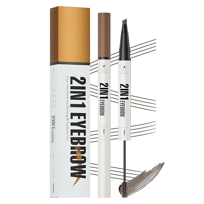 2-in-1 Eyebrow Pencil & Tinted Brow Gel - Dual-Ended Microblading Pen with 4-Fork Tip, Waterproof, Smudge-Proof for Natural Hair-Like Brows, Long Lasting 24H (Brown)