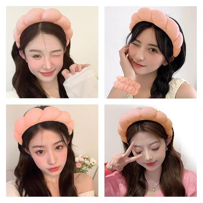 Spa Headbands for Washing Face Wristband Set Sponge Makeup Skincare Headband Wrist Towels Bubble Soft Terry Towel Cloth Hairband for Women Puffy Headwear Non Slip Thick Thin Hair Headwear (Orange)