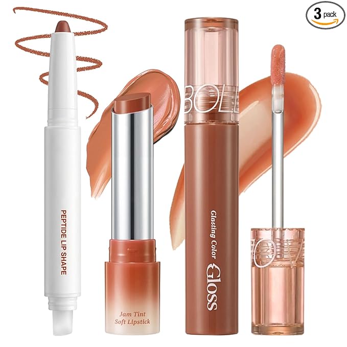 3PCS Lip Combo Set — Matte Lip Liner Pencil, Hydrating Tint Lipstick & Shine Gloss, Non-Sticky Long-Lasting Plumping Lip Makeup Kit for Women, Volume Sculpt Trio, 02