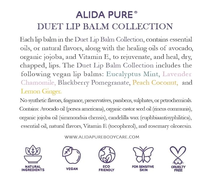Duet Lip Balm Collection, Vegan Set, Beeswax Free, with Organic Jojoba and Avocado Oil, Vitamin E, Natural Moisturizer for Dry, Chapped Lips, 5 Tube Set