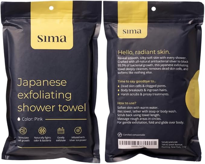 Sima Brand Exfoliating Washcloth Face & Body Scrub Towel - Japanese Exfoliating Towel with Hexagon Fibers, Body Scrubber with 2 Sides for Scrubbing & Washing, Extra Long Towels (White, 2 Pack)