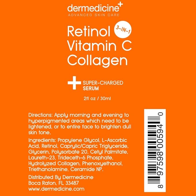 Retinol Vitamin C Collagen | Super Charged Anti-Aging Serum for Face | Pharmaceutical Grade Quality | Helps Smooth & Plump Fine Lines & Wrinkles & Brightens for Younger Skin | 2 fl oz / 60 ml