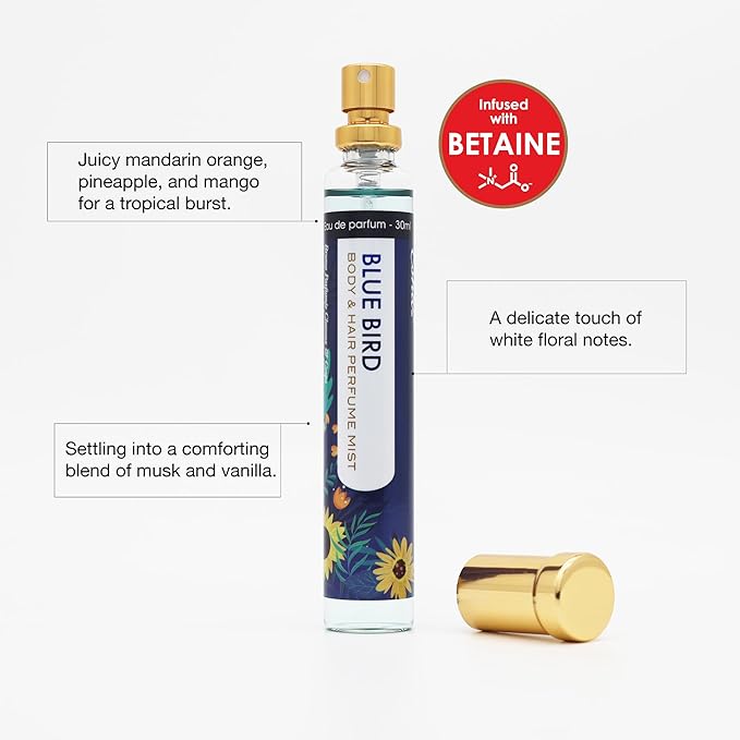Esha Body & Hair Perfume Mist - Eau de Parfum for Women - Infused with Betaine - Juicy Orange, Pineapple, Mango with Musk and Vanilla - (BLUE BIRD)