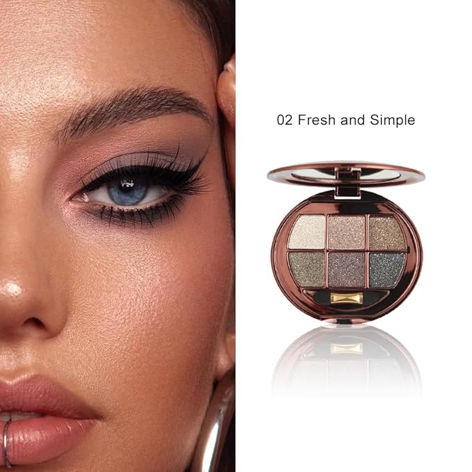 Champagne Taupe Neutral Shimmer Eyeshadow Palette, 6 Color High Pigment Blendable Glitter Eye Shadow Makeup for Older Women, Lightweight Travel Friendly, Suitable for All Eye Shapes, Smokey Look 02#